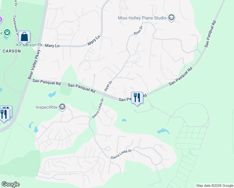 map of restaurants, bars, coffee shops, grocery stores, and more near 1144 San Pasqual Road in Escondido