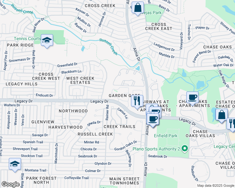 map of restaurants, bars, coffee shops, grocery stores, and more near 1201 Legacy Drive in Plano