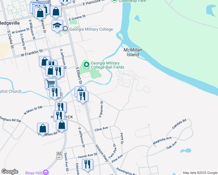 map of restaurants, bars, coffee shops, grocery stores, and more near 120 Pumping Station Rd in Milledgeville