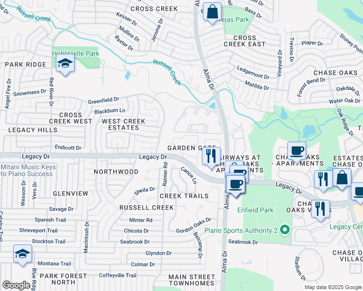 map of restaurants, bars, coffee shops, grocery stores, and more near 1201 Legacy Drive in Plano