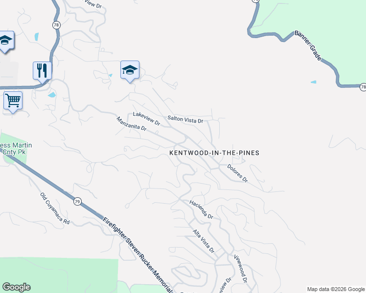 map of restaurants, bars, coffee shops, grocery stores, and more near Manzanita Drive in Julian