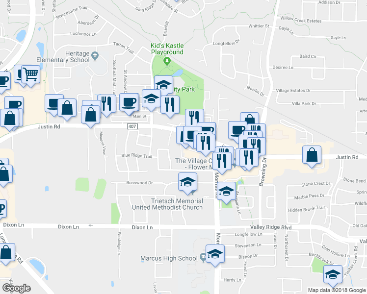 map of restaurants, bars, coffee shops, grocery stores, and more near 2341 Justin Road in Flower Mound