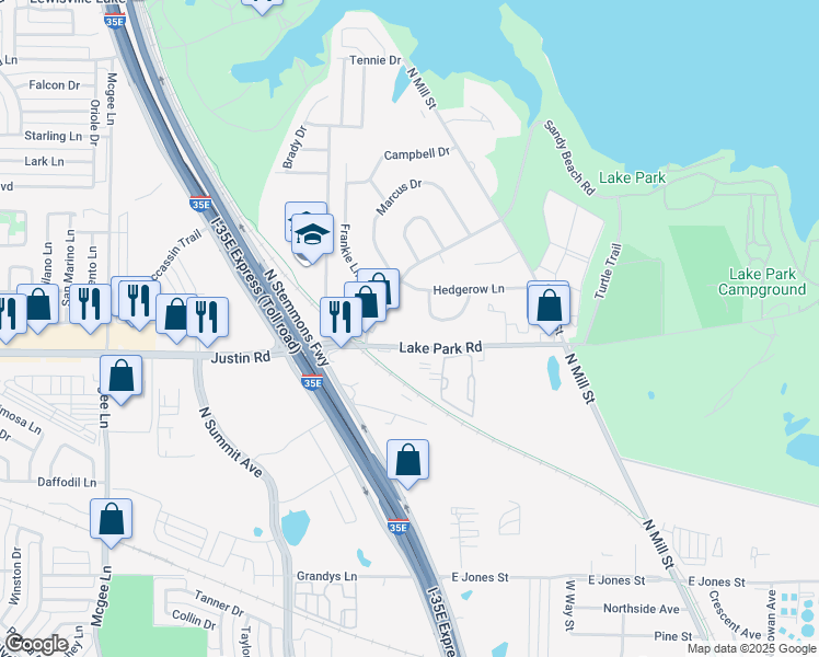 map of restaurants, bars, coffee shops, grocery stores, and more near 359 Lake Park Road in Lewisville