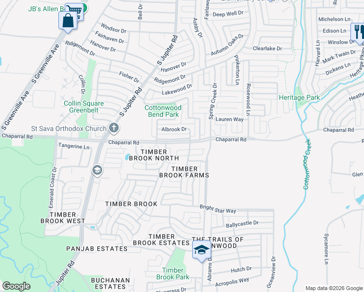 map of restaurants, bars, coffee shops, grocery stores, and more near 3309 Silent Oak Lane in Plano