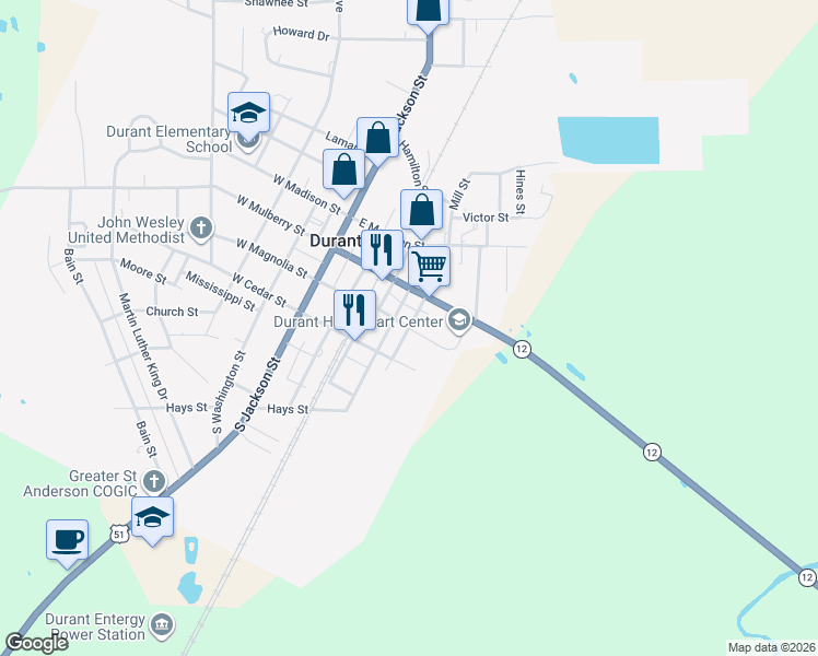 map of restaurants, bars, coffee shops, grocery stores, and more near 148 Attala Street in Durant