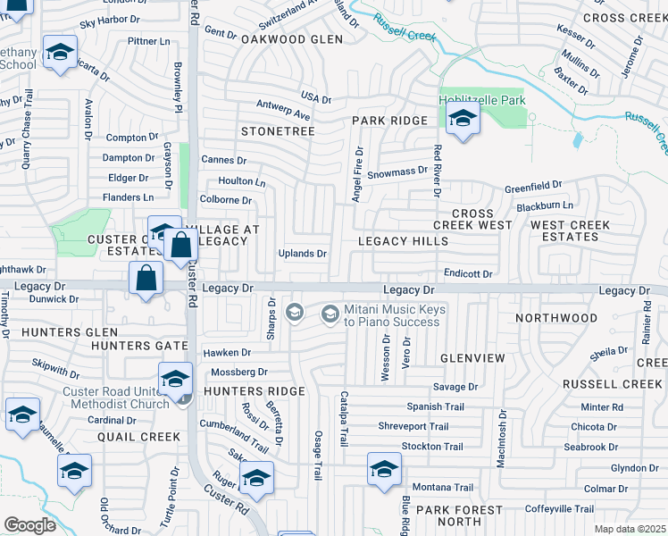 map of restaurants, bars, coffee shops, grocery stores, and more near 7008 Hillview Drive in Plano