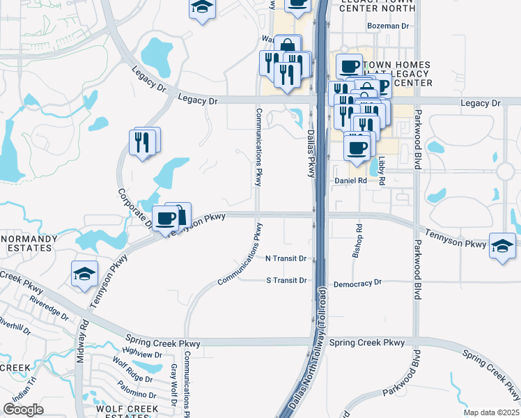 map of restaurants, bars, coffee shops, grocery stores, and more near 6008 Tennyson Parkway in Plano