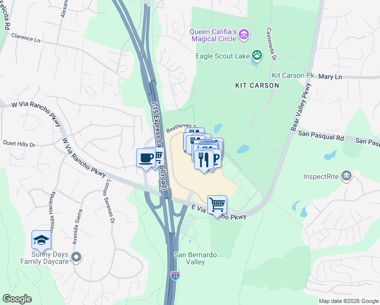 map of restaurants, bars, coffee shops, grocery stores, and more near 210 East Via Rancho Parkway in Escondido