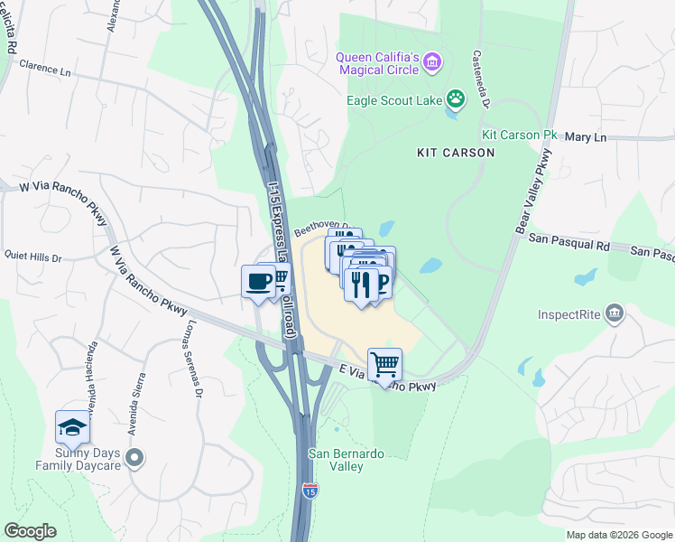 map of restaurants, bars, coffee shops, grocery stores, and more near 210 East Via Rancho Parkway in Escondido
