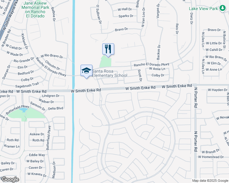 map of restaurants, bars, coffee shops, grocery stores, and more near 42521 Abbey Road in Maricopa