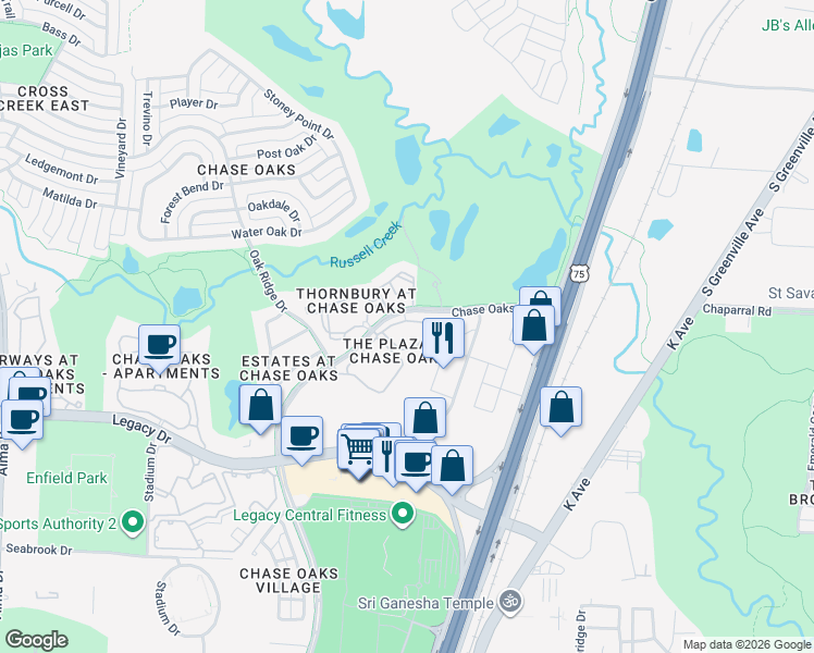 map of restaurants, bars, coffee shops, grocery stores, and more near 7112 Chase Oaks Boulevard in Plano