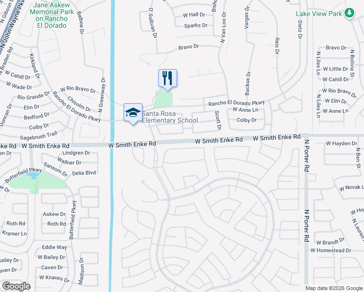 map of restaurants, bars, coffee shops, grocery stores, and more near 42521 Abbey Road in Maricopa