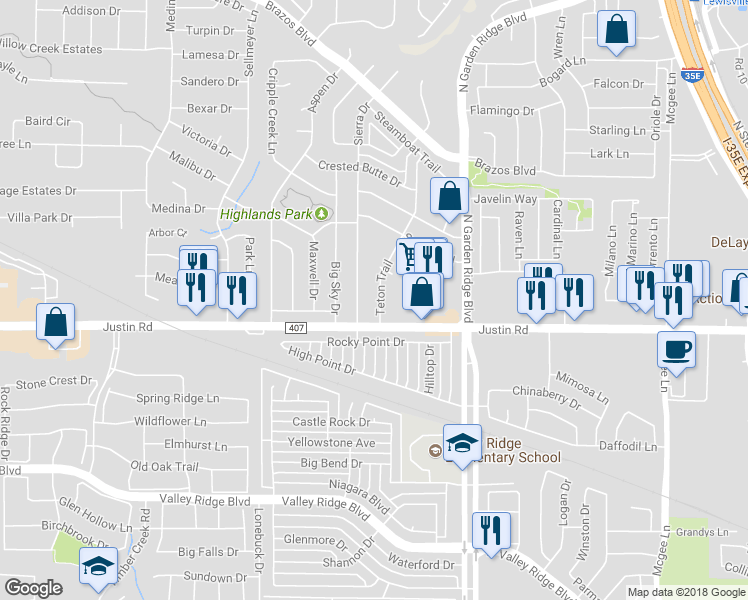 map of restaurants, bars, coffee shops, grocery stores, and more near 1916 Teton Trail in Lewisville