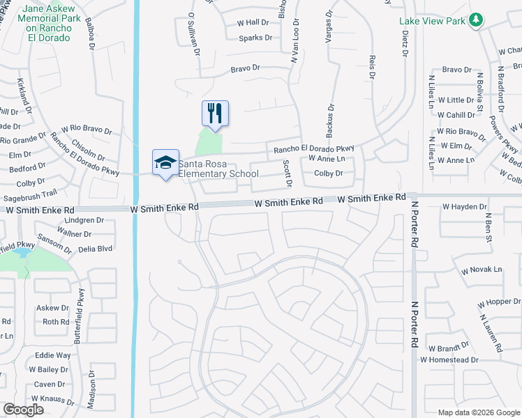 map of restaurants, bars, coffee shops, grocery stores, and more near 42377 Abbey Road in Maricopa