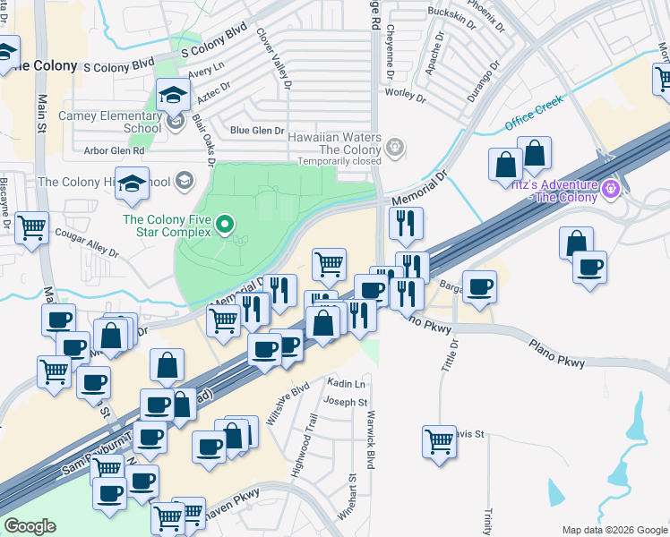 map of restaurants, bars, coffee shops, grocery stores, and more near 5297 Texas 121 in The Colony