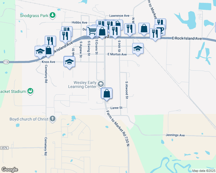 map of restaurants, bars, coffee shops, grocery stores, and more near 541 South Allen Street in Boyd