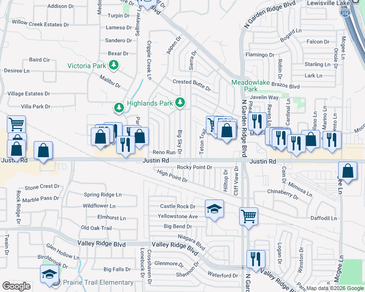 map of restaurants, bars, coffee shops, grocery stores, and more near 1909 Big Sky Drive in Lewisville