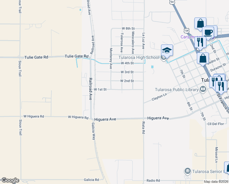 map of restaurants, bars, coffee shops, grocery stores, and more near 1611 West 1st Street in Tularosa