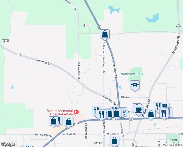 map of restaurants, bars, coffee shops, grocery stores, and more near 200 Wildwood Terrace in Kosciusko