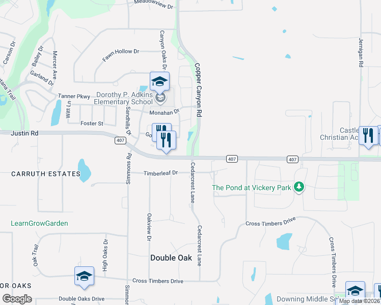 map of restaurants, bars, coffee shops, grocery stores, and more near 180 Timberleaf Court in Double Oak