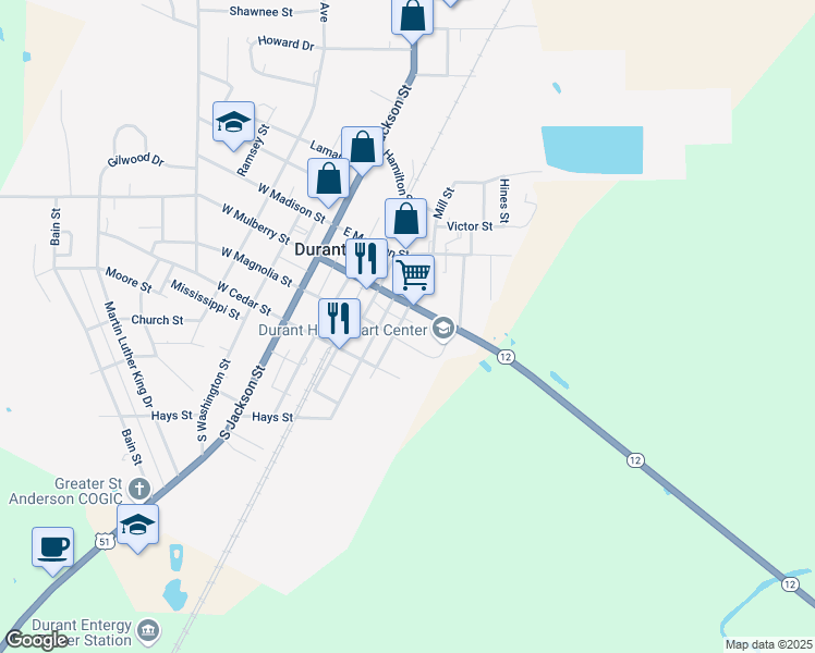 map of restaurants, bars, coffee shops, grocery stores, and more near 148 Attala Street in Durant