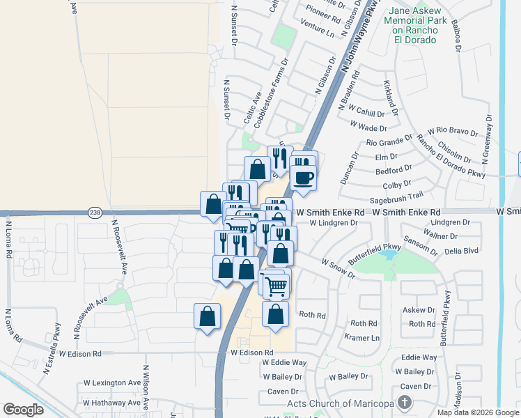 map of restaurants, bars, coffee shops, grocery stores, and more near 44600 West Smith Enke Road in Maricopa
