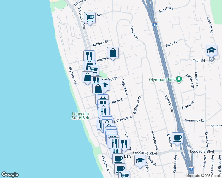 map of restaurants, bars, coffee shops, grocery stores, and more near 1354 Hermes Avenue in Encinitas