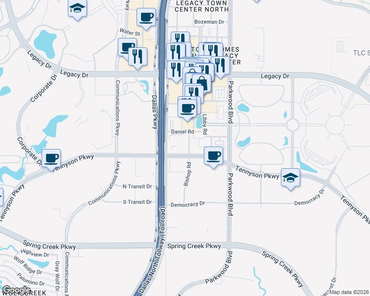 map of restaurants, bars, coffee shops, grocery stores, and more near 5801 Tennyson Parkway in Plano