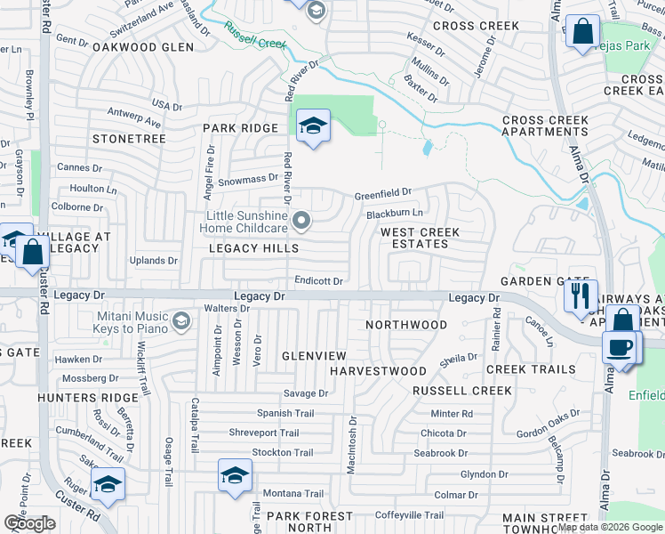 map of restaurants, bars, coffee shops, grocery stores, and more near 1512 Falmouth Drive in Plano