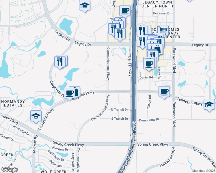 map of restaurants, bars, coffee shops, grocery stores, and more near Communications Parkway in Plano