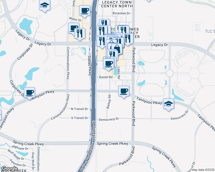 map of restaurants, bars, coffee shops, grocery stores, and more near 5801 Tennyson Parkway in Plano