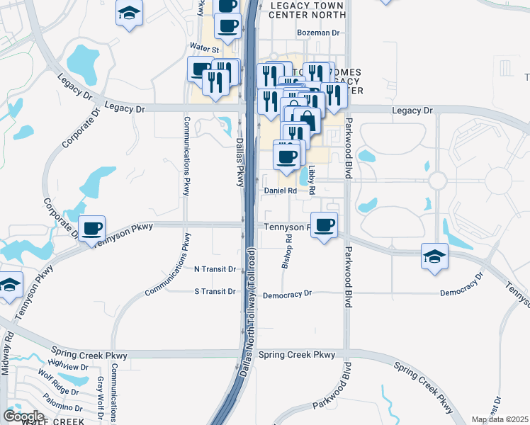 map of restaurants, bars, coffee shops, grocery stores, and more near 6900 Dallas Parkway in Plano