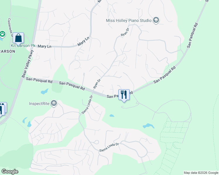 map of restaurants, bars, coffee shops, grocery stores, and more near 1144 San Pasqual Road in Escondido