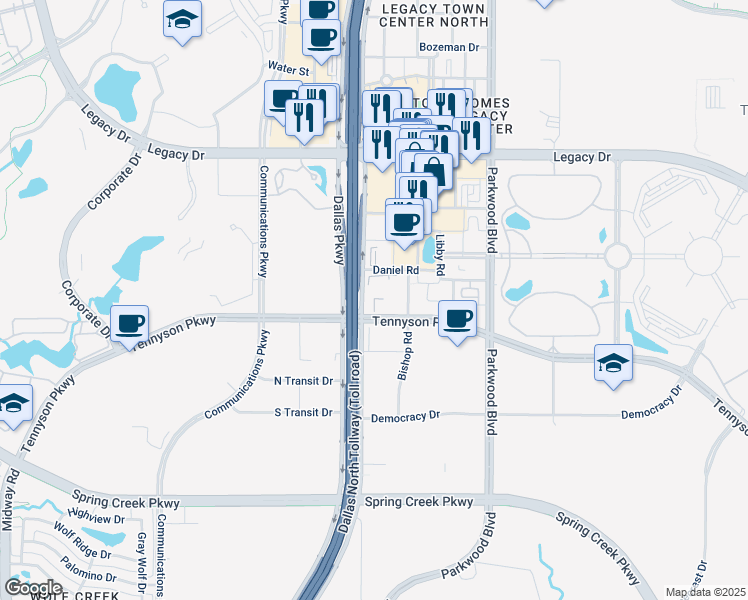 map of restaurants, bars, coffee shops, grocery stores, and more near 6900 Dallas Parkway in Plano
