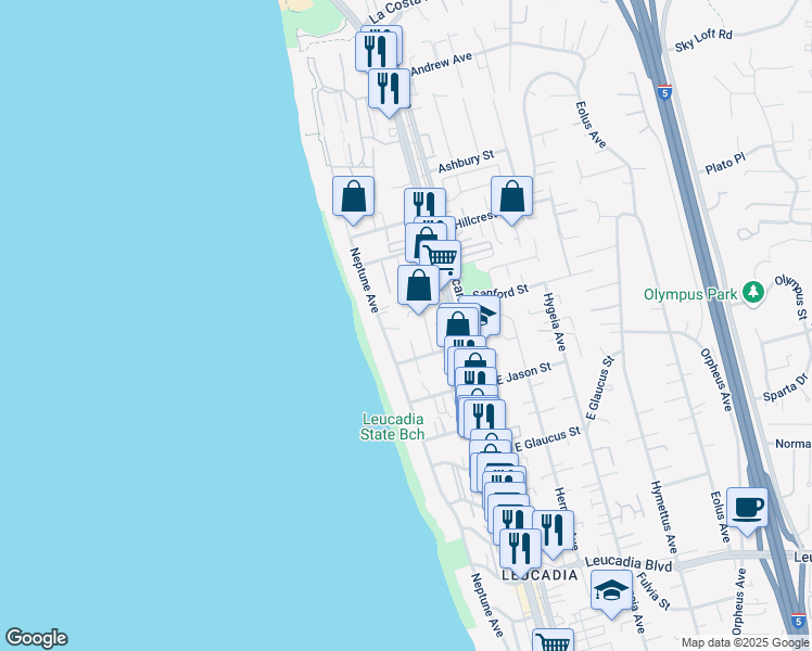 map of restaurants, bars, coffee shops, grocery stores, and more near 168 Coop Court in Encinitas