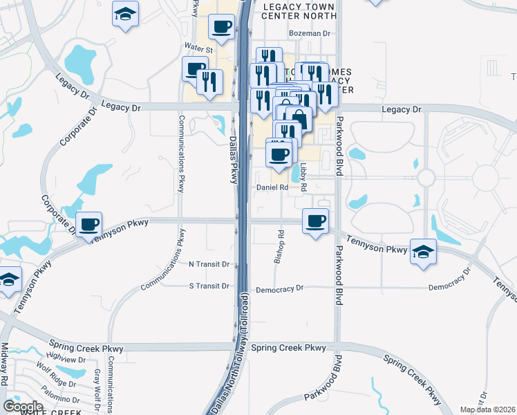 map of restaurants, bars, coffee shops, grocery stores, and more near 6900 Dallas Parkway in Plano