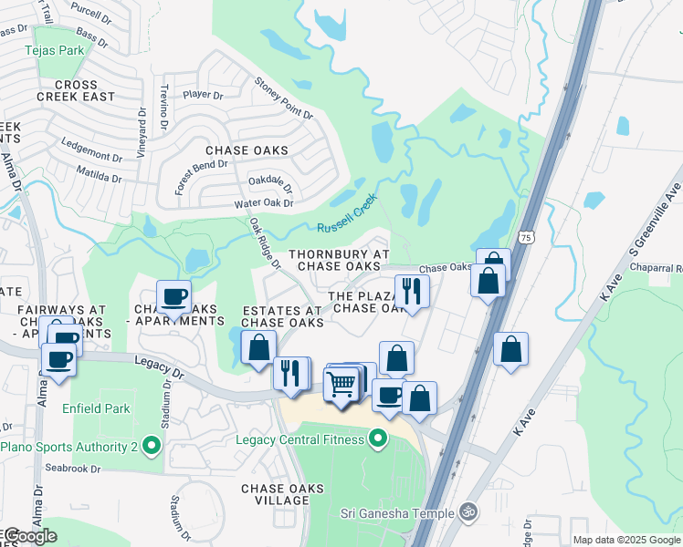 map of restaurants, bars, coffee shops, grocery stores, and more near 7101 Chase Oaks Boulevard in Plano