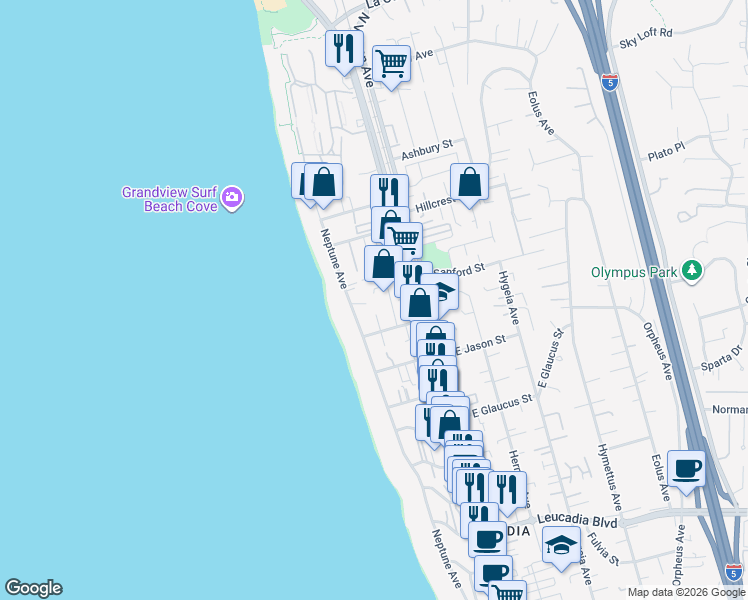 map of restaurants, bars, coffee shops, grocery stores, and more near 168 Coop Court in Encinitas