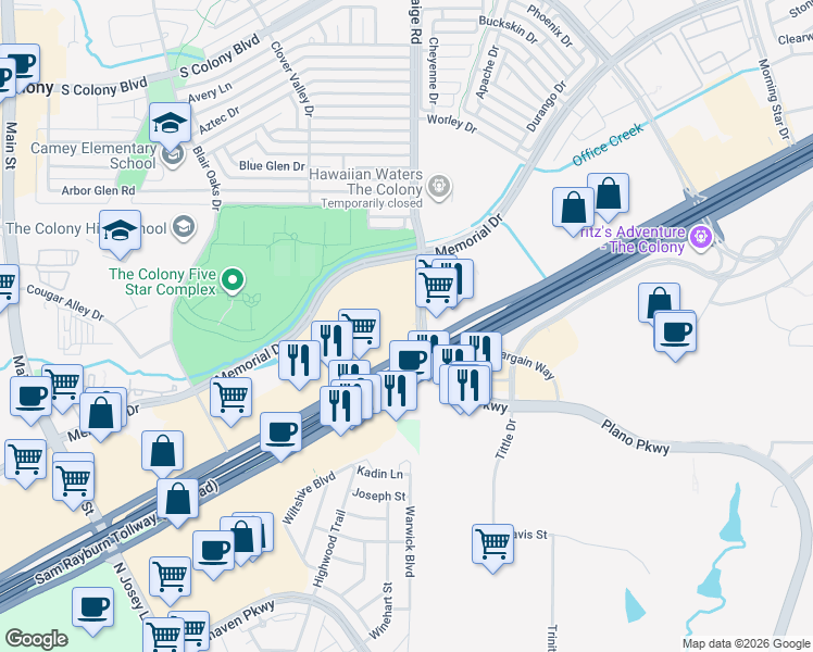 map of restaurants, bars, coffee shops, grocery stores, and more near 5297 Texas 121 in The Colony