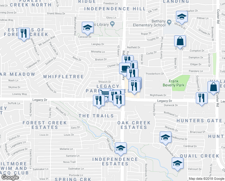 map of restaurants, bars, coffee shops, grocery stores, and more near 3116 Hoffman Drive in Plano