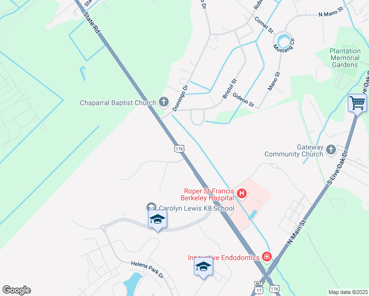 map of restaurants, bars, coffee shops, grocery stores, and more near 116 Crystal Lane in Moncks Corner