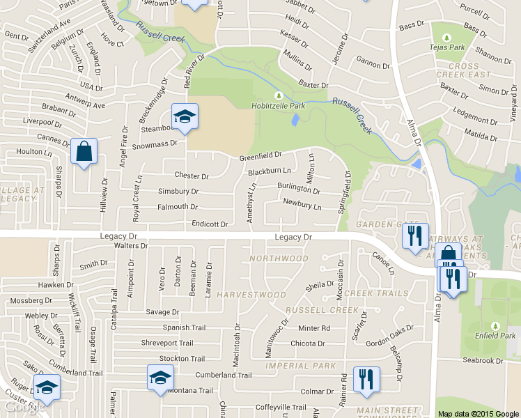 map of restaurants, bars, coffee shops, grocery stores, and more near 1429 Newbury Lane in Plano