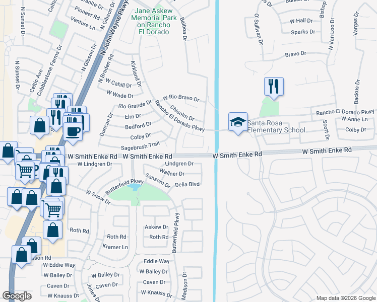 map of restaurants, bars, coffee shops, grocery stores, and more near 43289 West Michaels Drive in Maricopa