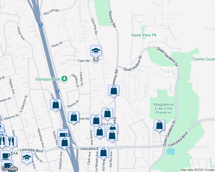 map of restaurants, bars, coffee shops, grocery stores, and more near 1320 Saxony Road in Encinitas