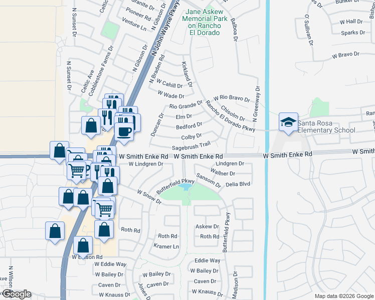 map of restaurants, bars, coffee shops, grocery stores, and more near 43697 Sagebrush Trail in Maricopa