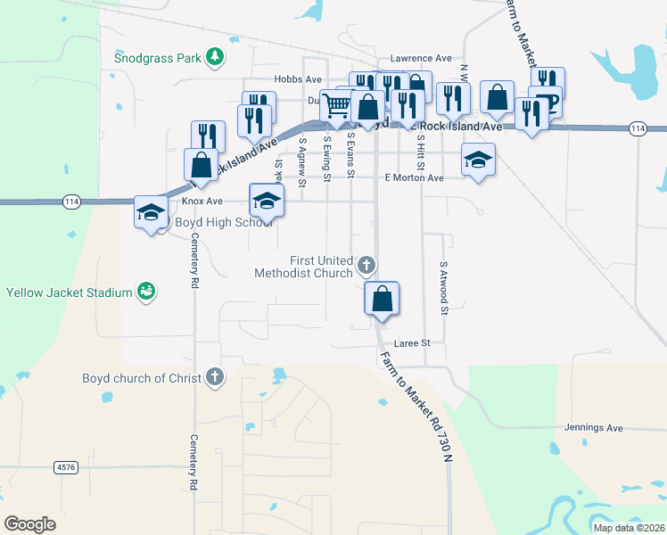 map of restaurants, bars, coffee shops, grocery stores, and more near 453 South Ewing Street in Boyd