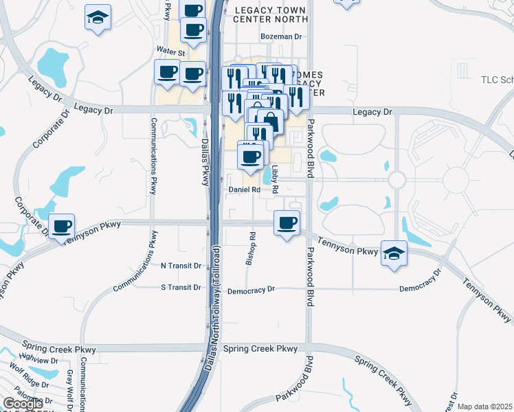 map of restaurants, bars, coffee shops, grocery stores, and more near 6900 Bishop Road in Plano