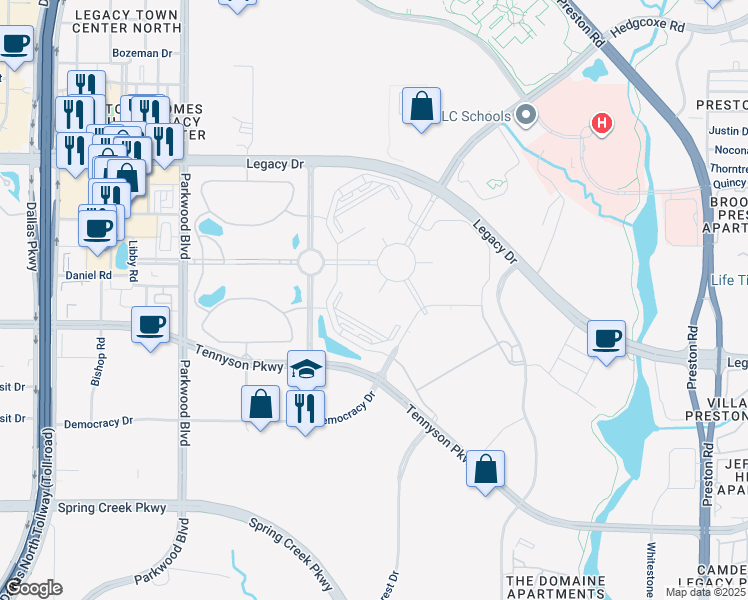 map of restaurants, bars, coffee shops, grocery stores, and more near 5340 Legacy Drive in Plano
