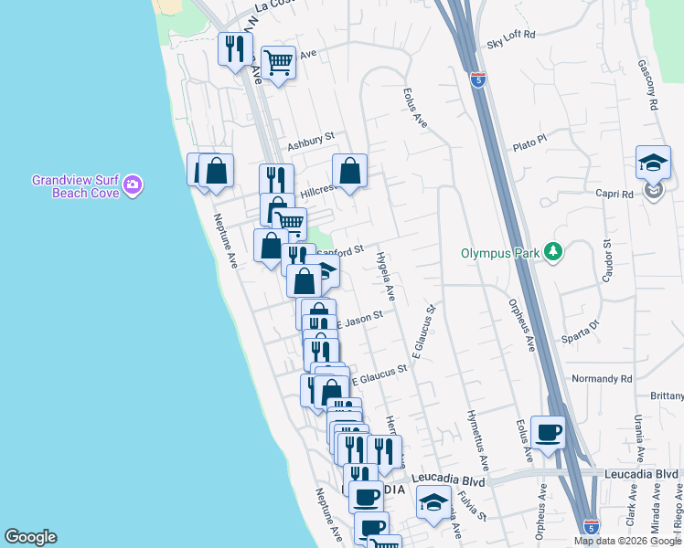 map of restaurants, bars, coffee shops, grocery stores, and more near 1428 Hermes Avenue in Encinitas