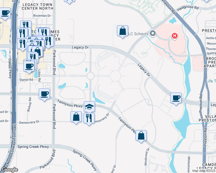 map of restaurants, bars, coffee shops, grocery stores, and more near 5360 Legacy Drive in Plano